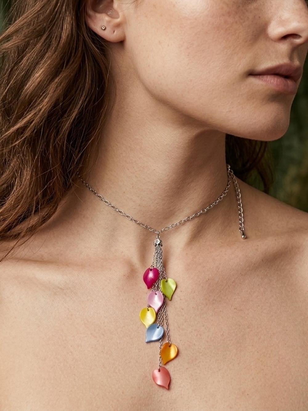 Vintage Silver Multi Chain Tassel Lariat Necklace 21" Colorful Heart Leaf Charm